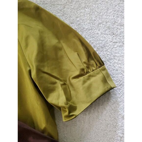 2 Michael by Michael Kors Med Short Sleeve Pleated Satiny Tops Green & Brown - Picture 4 of 14